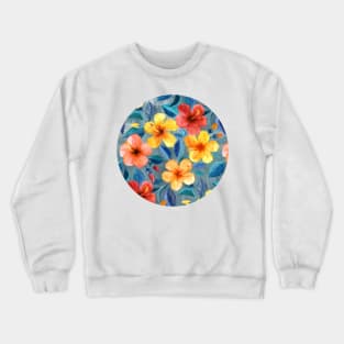 Colorful Watercolor Hibiscus on Grey Blue Crewneck Sweatshirt